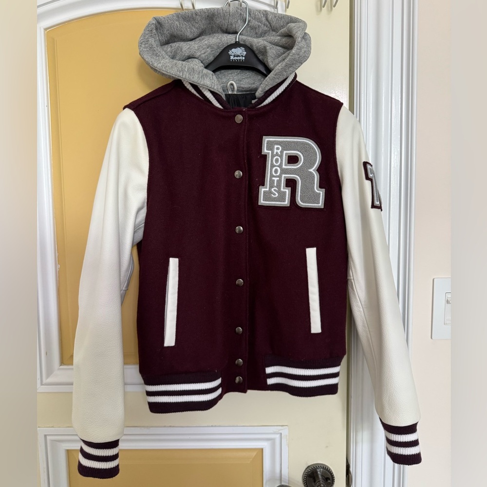Womens Hoody Award Jacket. Roots Burgundy and Cream Varsity Jacket